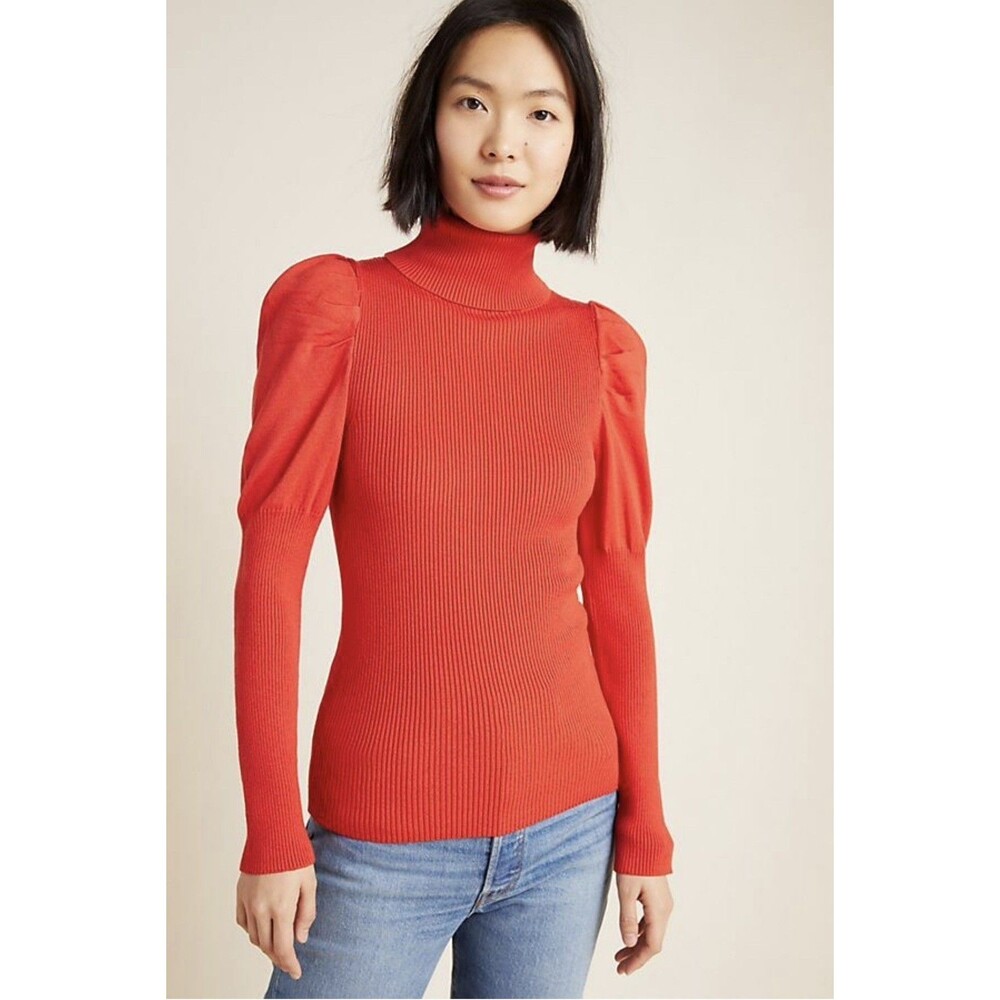 Anthropologie Cecilia Puff-Sleeved Turtleneck Puffsleeve Sweater M Red